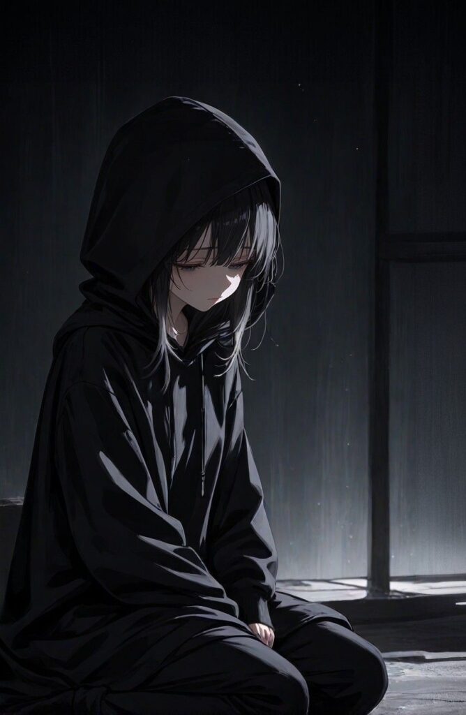 Dark sad PFP with monochrome palette, heavy shadow, and silhouette dissolving into darkness
