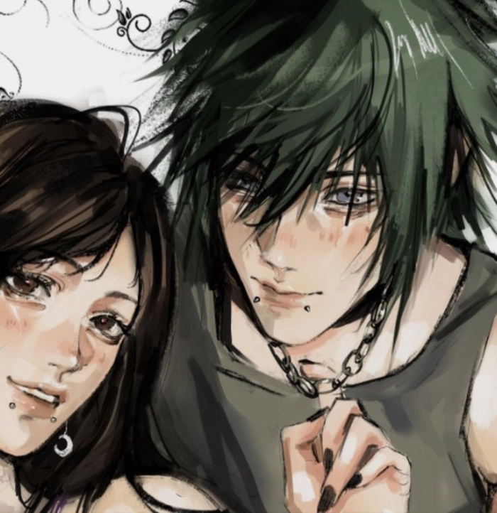Emo couple anime PFP with dark tones melancholic expressions and moody lighting
