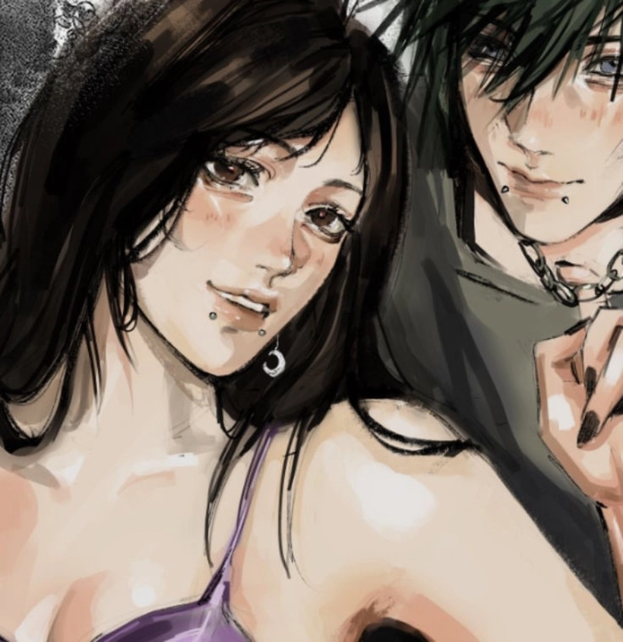 Moody emo anime couple profile picture with rain setting and dark palette