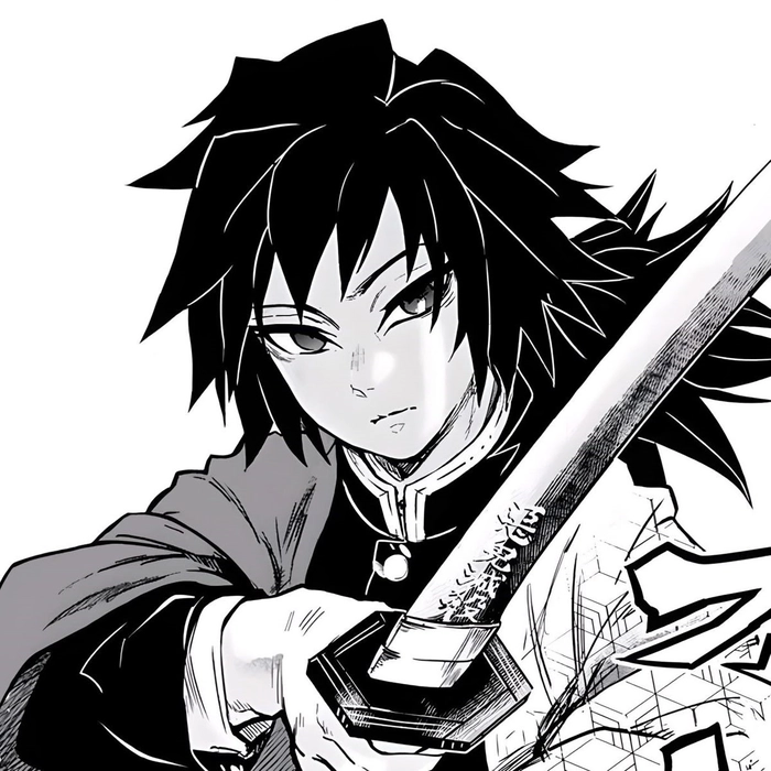 Monochrome Giyu Tomioka avatar emphasizing linework and shadow structure
