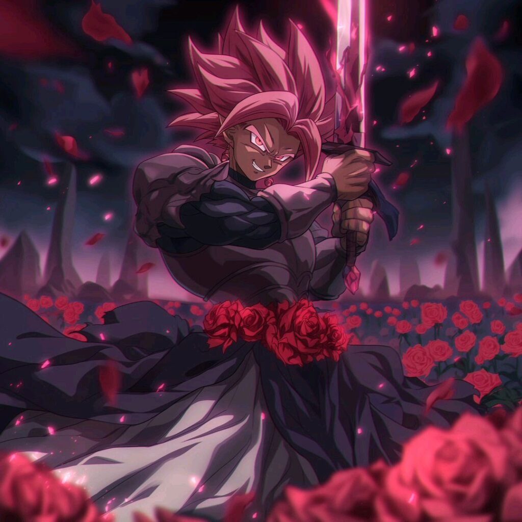 Goku Black rose PFP with glowing pink ki aura and rose petal overlay