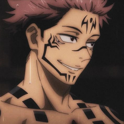 Sukuna JJK avatar with menacing expression and signature tattoo markings on dark background