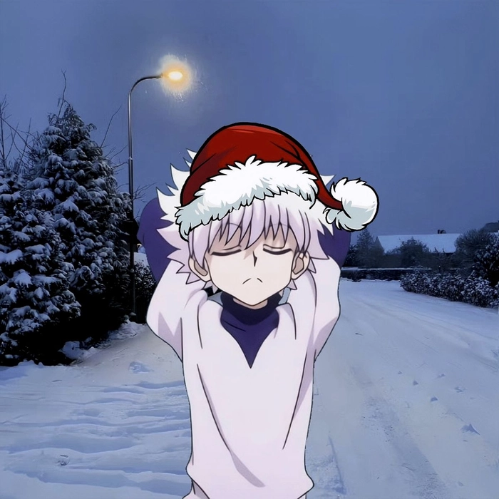 Killua Christmas PFP with festive snow effects and holiday lighting