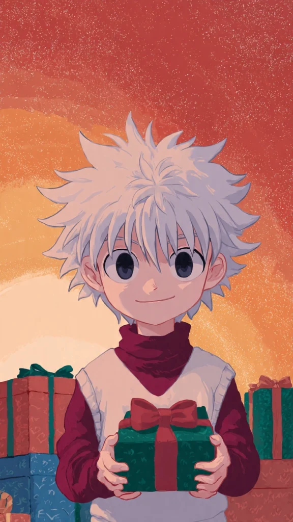 Killua Christmas aesthetic PFP with red and green seasonal tones