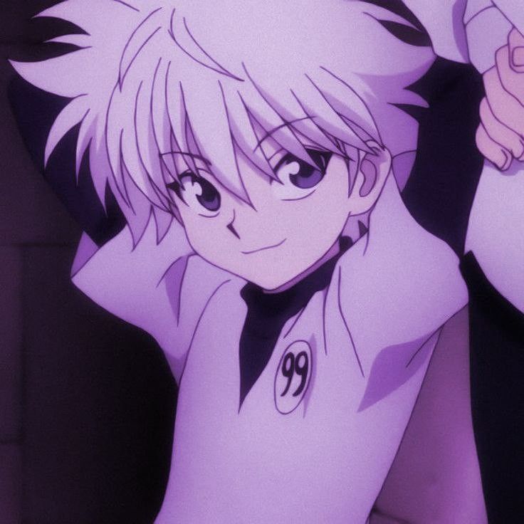Killua PFP purple with moody deep violet tones and cinematic lighting