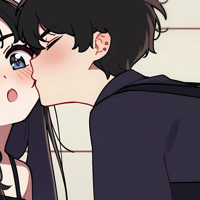 Cinematic kissing anime couple PFP with minimal background and expressive lighting