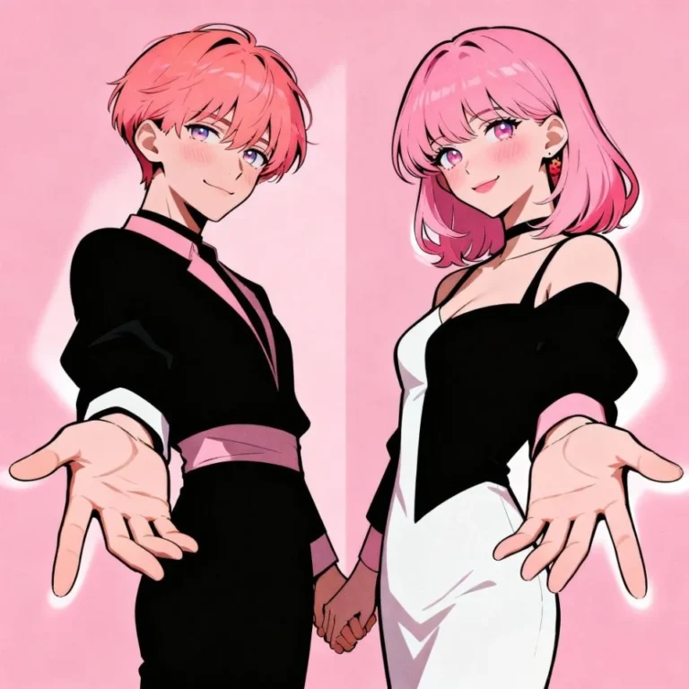 Anime lesbian couple profile picture with warm lighting and expressive gesture