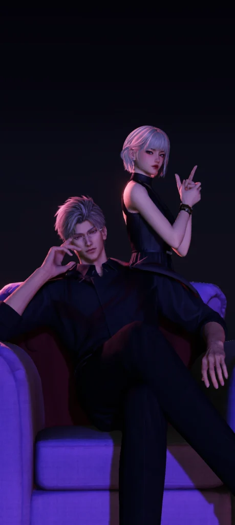 Anime mafia couple profile picture with sharp expressions and shadow play