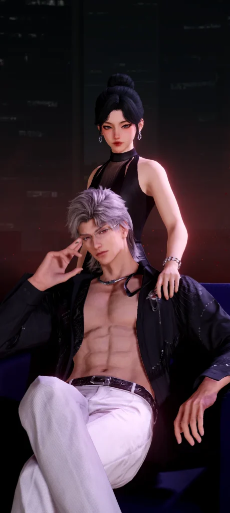 Dark mafia anime couple PFP with high contrast cityscape background