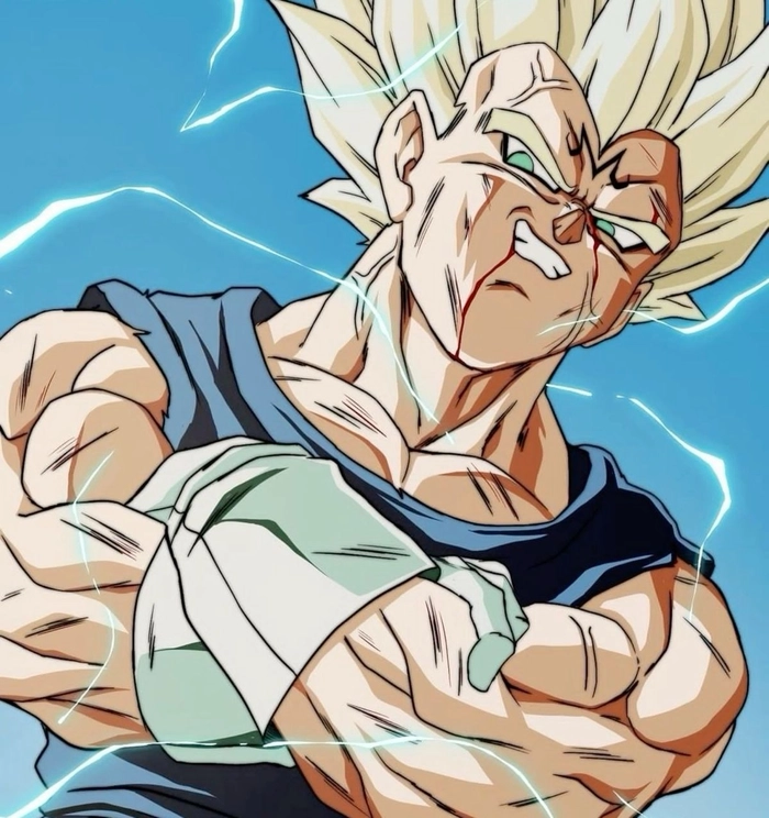 Colorful anime screenshot of Majin Vegeta with vibrant energy effects