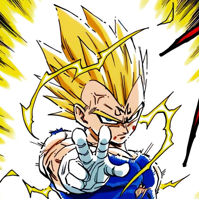 Anime-style Majin Vegeta avatar with cinematic lighting and stormy background