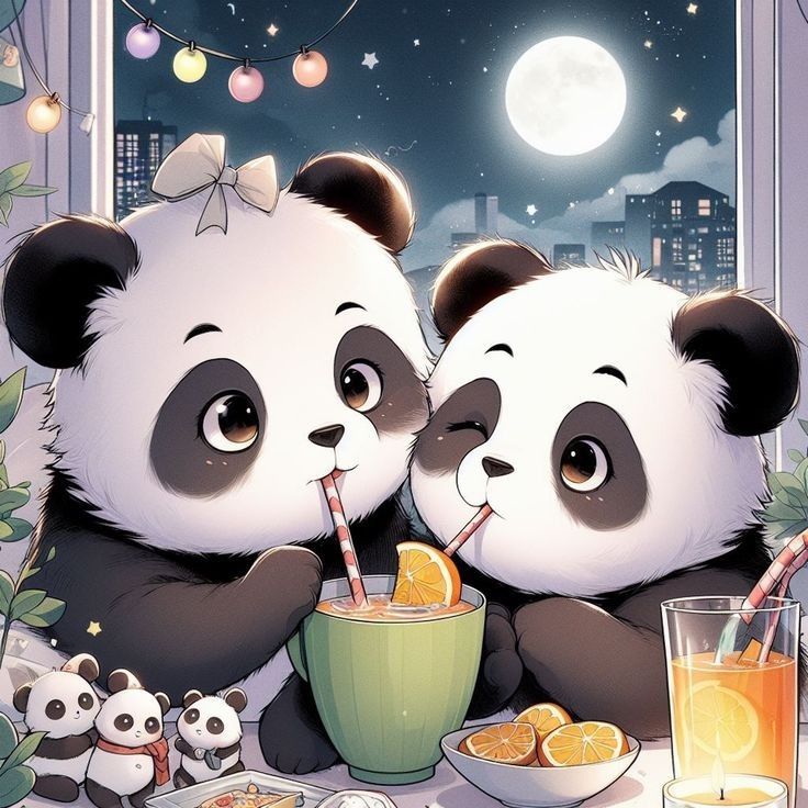 Matching panda PFP pair with mirrored composition and soft background tones