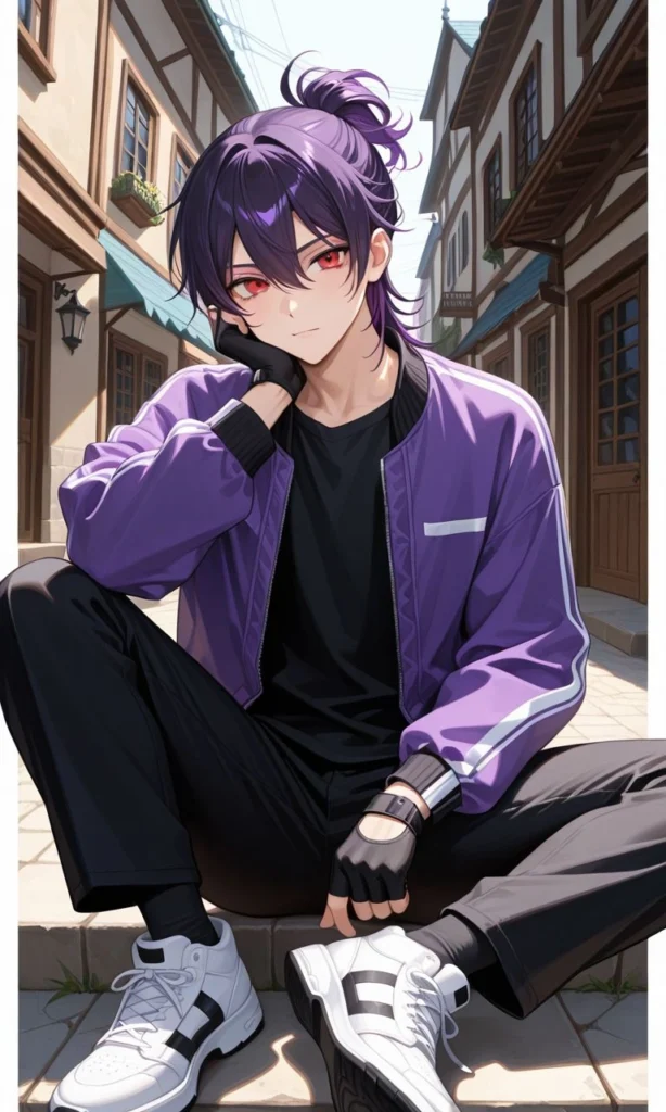 purple anime boy PFP with lavender sky and dreamy fantasy atmosphere