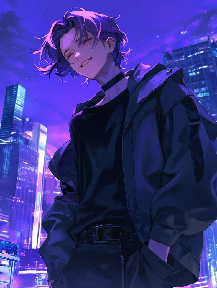 mystical purple anime boy avatar with cosmic glowing background