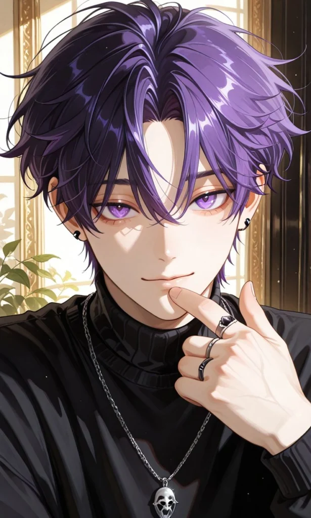 creative purple toned anime boy portrait with balanced fantasy color palette