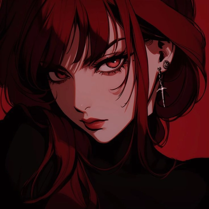 Anime red PFP aesthetic with saturated color and dramatic expression