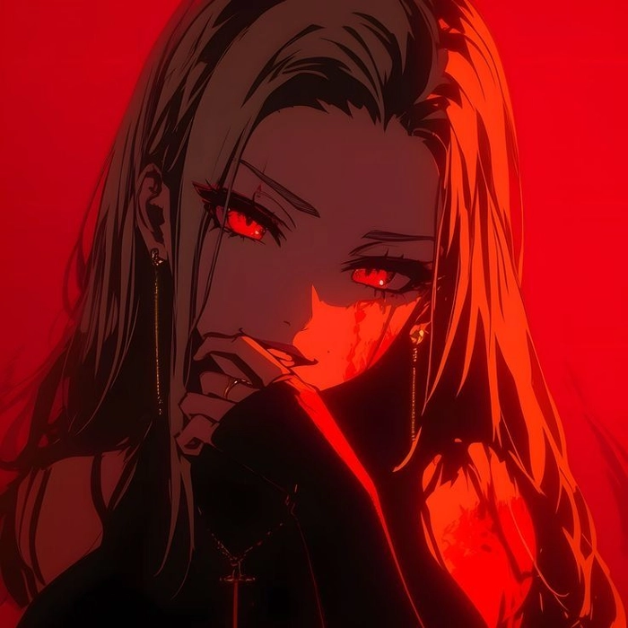 Wallpaper-style red PFP with neon cityscape and abstract crimson pattern