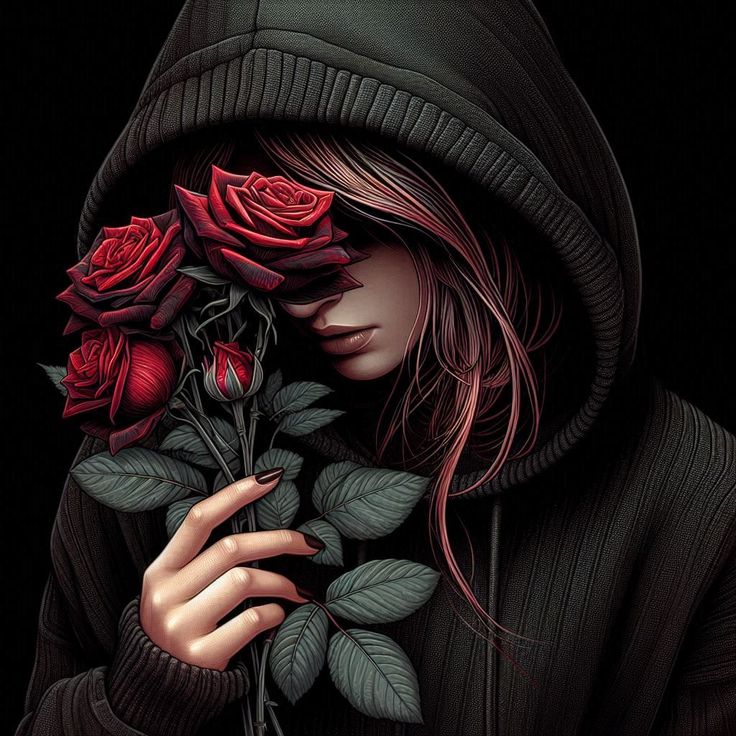 Dark rose PFP with gothic atmosphere and deep purple shadow tones
