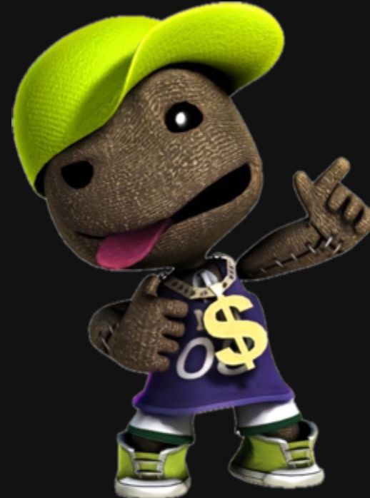 Batman Sackboy PFP in dark tones with superhero costume styling