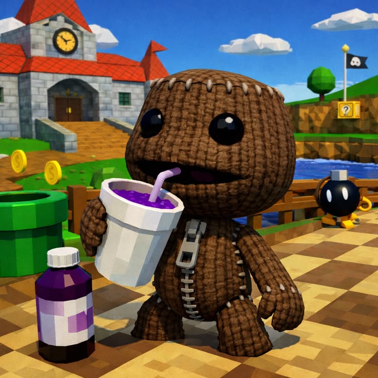 Y2K Sackboy PFP with chrome textures and early 2000s digital aesthetic
