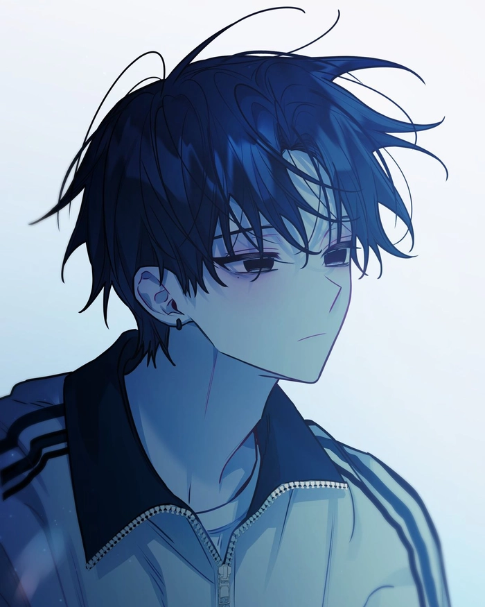 sad anime boy PFP with cool lighting and distant thoughtful expression
