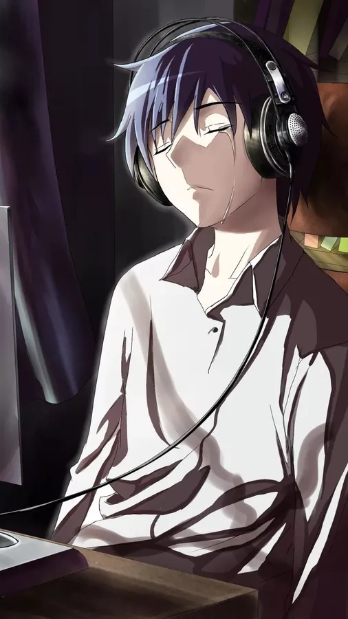 melancholic anime boy avatar with soft glow and night scene background