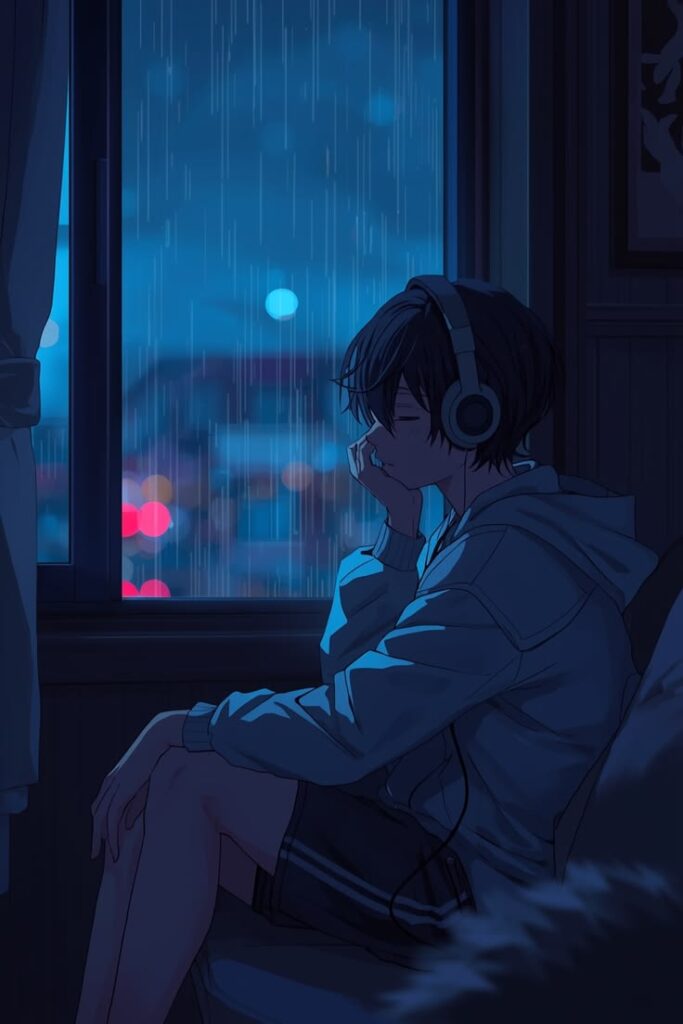 Sad anime boy PFP aesthetic with pastel blue sky background and reflective calm mood