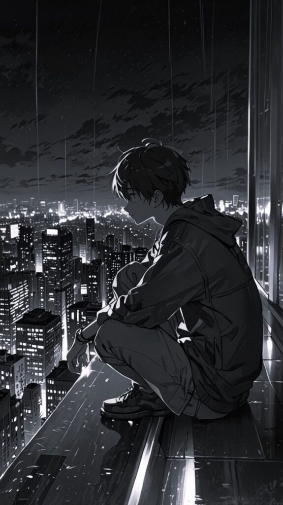 Anime boy sad aesthetic PFP with desaturated lilac tones and soft diffused lighting