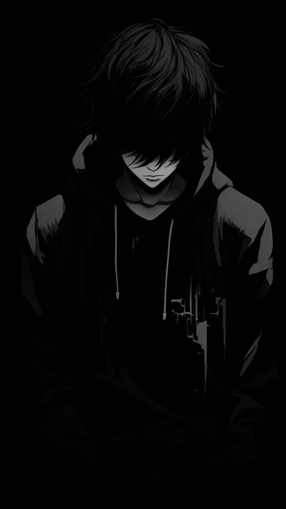Sad PFP dark aesthetic anime boy with shadowed face and glowing highlight isolation
