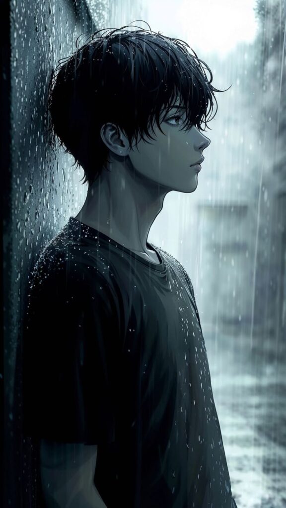 Dark anime boy sad PFP with cool monochrome palette and void-like composition