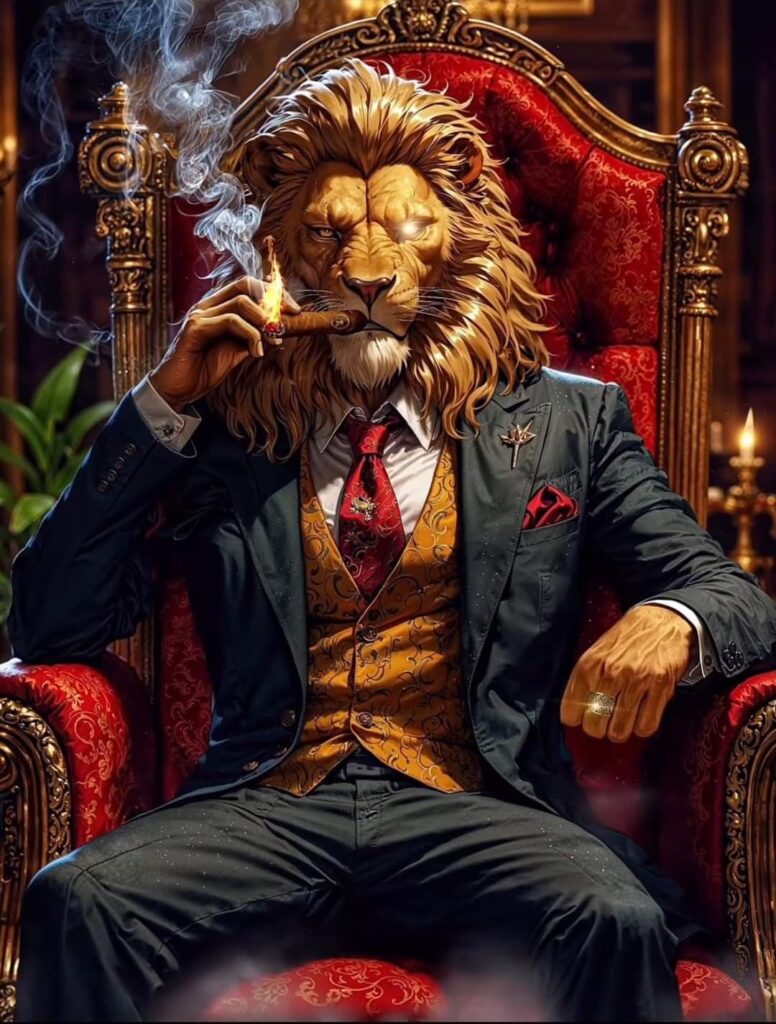 Lion and Scarface hybrid PFP with gold accents and cinematic dark energy
