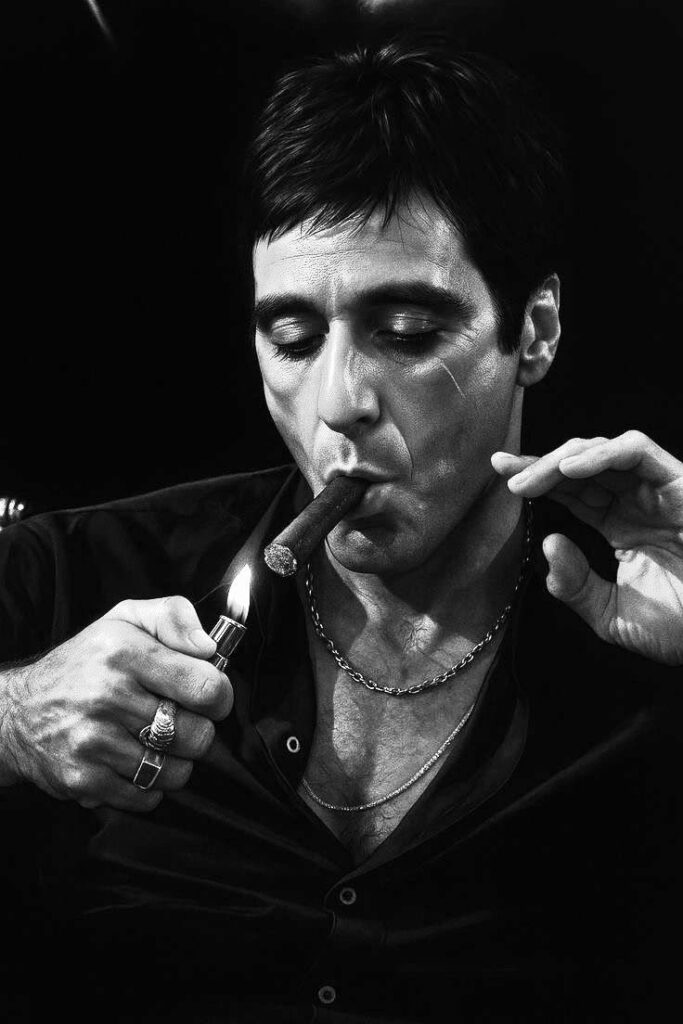 Monochrome Scarface PFP with Tony Montana sharp expression closeup
