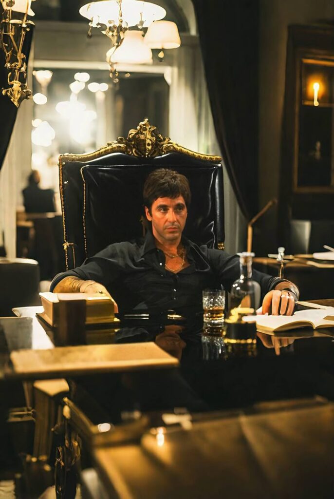 Cinematic Scarface wallpaper with city lights and dramatic luxury atmosphere