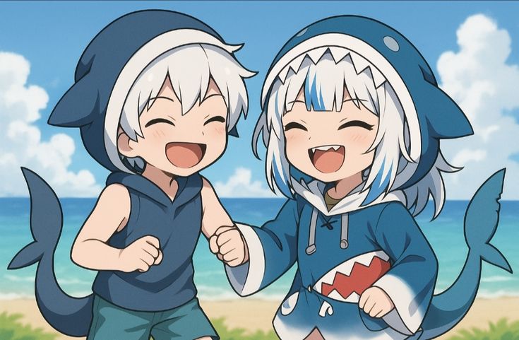 pair of matching shark profile pictures with mirrored poses and complementary colors