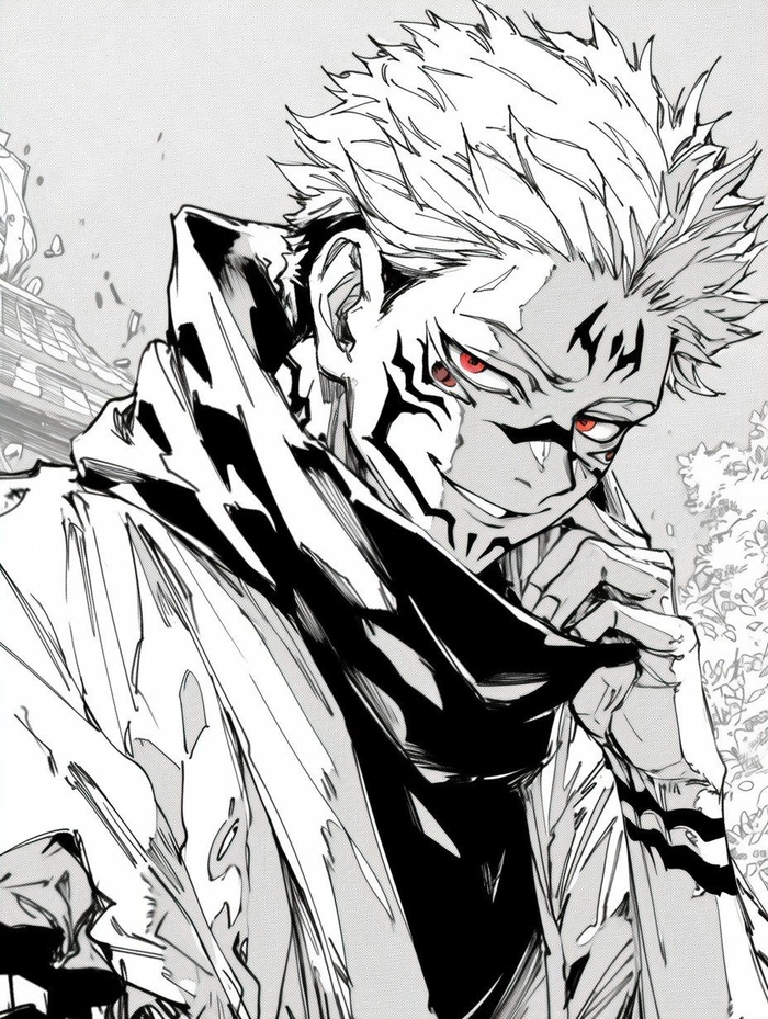 Sukuna manga PFP black and white panel with dramatic line work