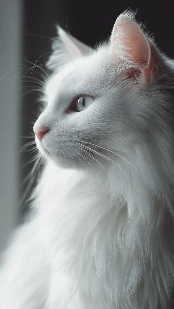 White cat aesthetic PFP with soft focus and pale fur texture catching warm light