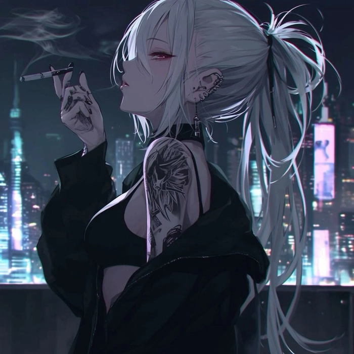 Anime girl smoking PFP with high contrast highlights and emotional depth
