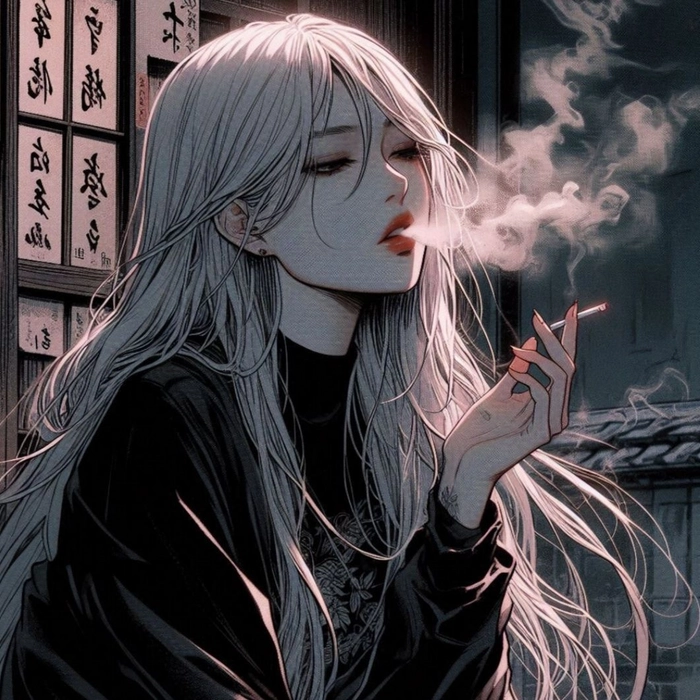 Detailed anime girl smoking PFP with layered shading and glow effects