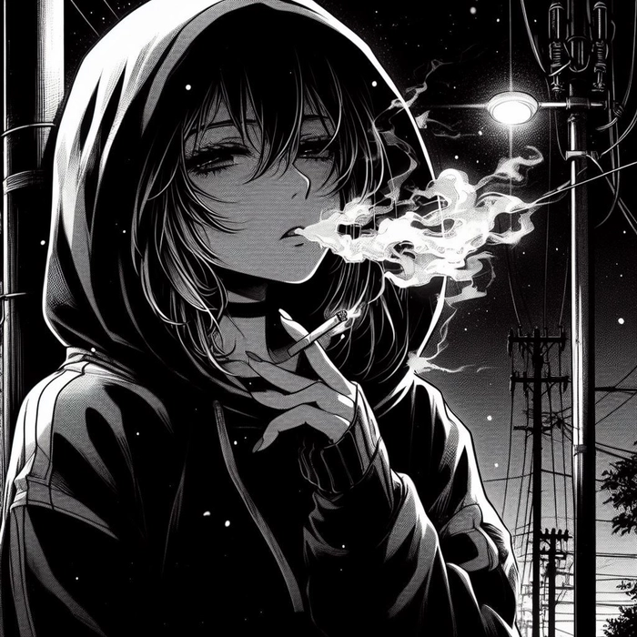 Dramatic anime girl smoking PFP with atmospheric tension and cool palette