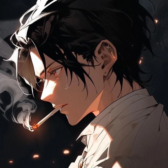 Bold anime guy smoking PFP with cinematic glow and dark palette