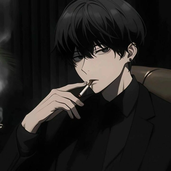 Dark anime character smoking against a deep shadow background