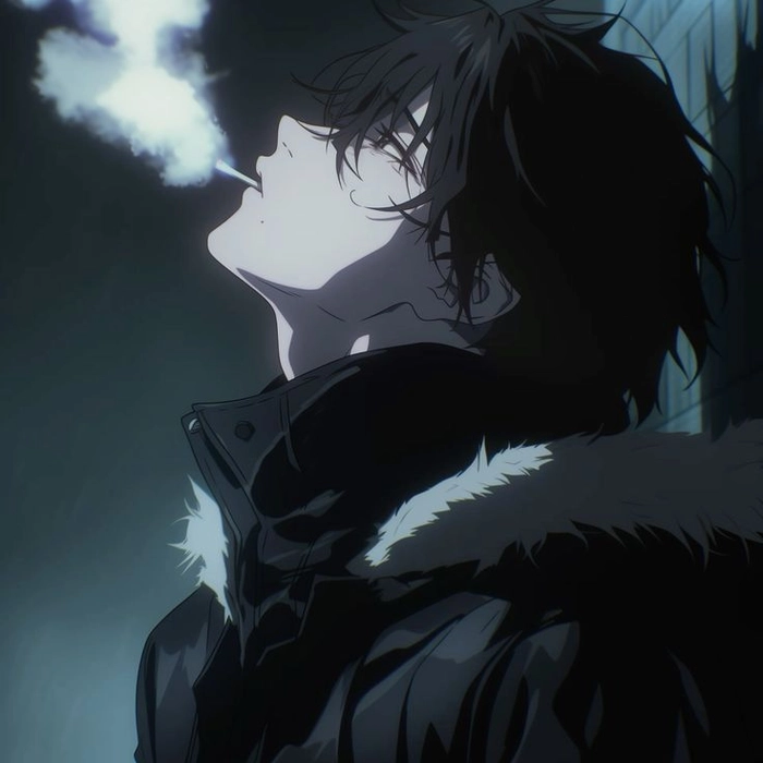 Moody anime smoking PFP with high contrast neon highlights