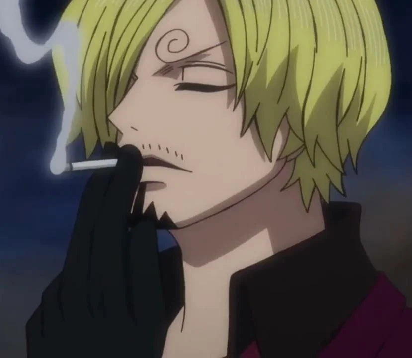 Sanji smoking PFP from One Piece with sharp suit and side profile