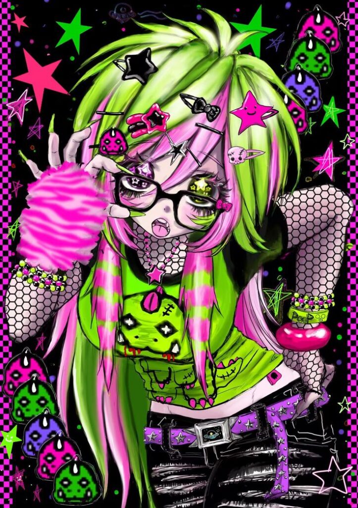 scene pfp girl with colorful hair and heavy eyeliner