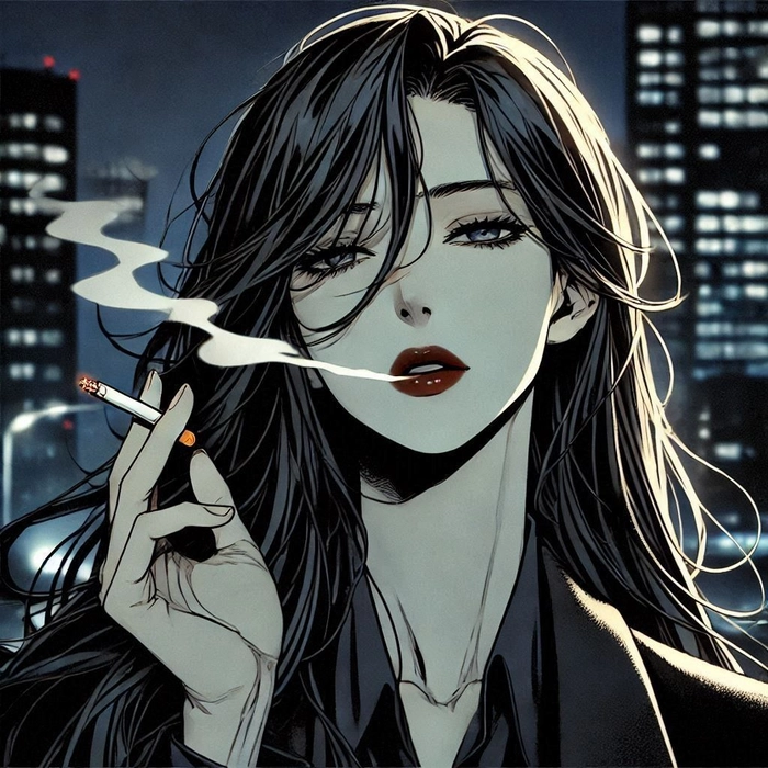 Smoking anime girl PFP with expressive eyes and cool color palette
