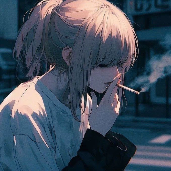 Detailed smoking anime girl with flowing hair and gentle smoke curls