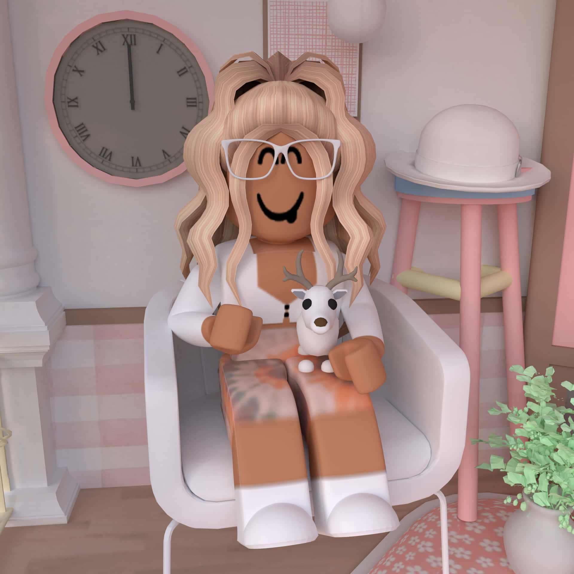 Roblox PFP girl holding plushie in pink room