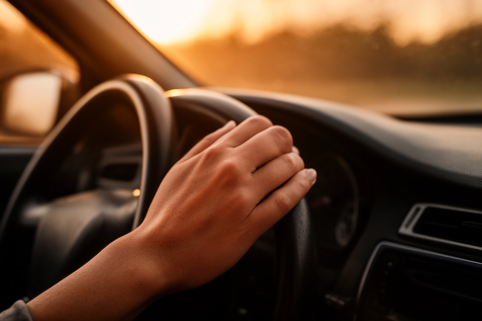 Woman resting hand affectionately on car dashboard, symbolizing why do people name their cars