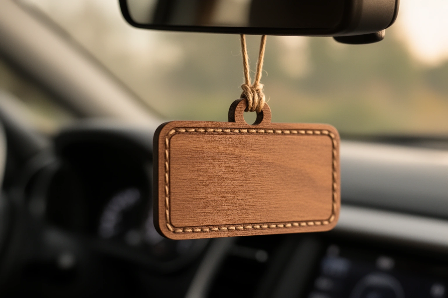 Small handwritten nameplate tag hanging from car rearview mirror illustrating car naming tradition