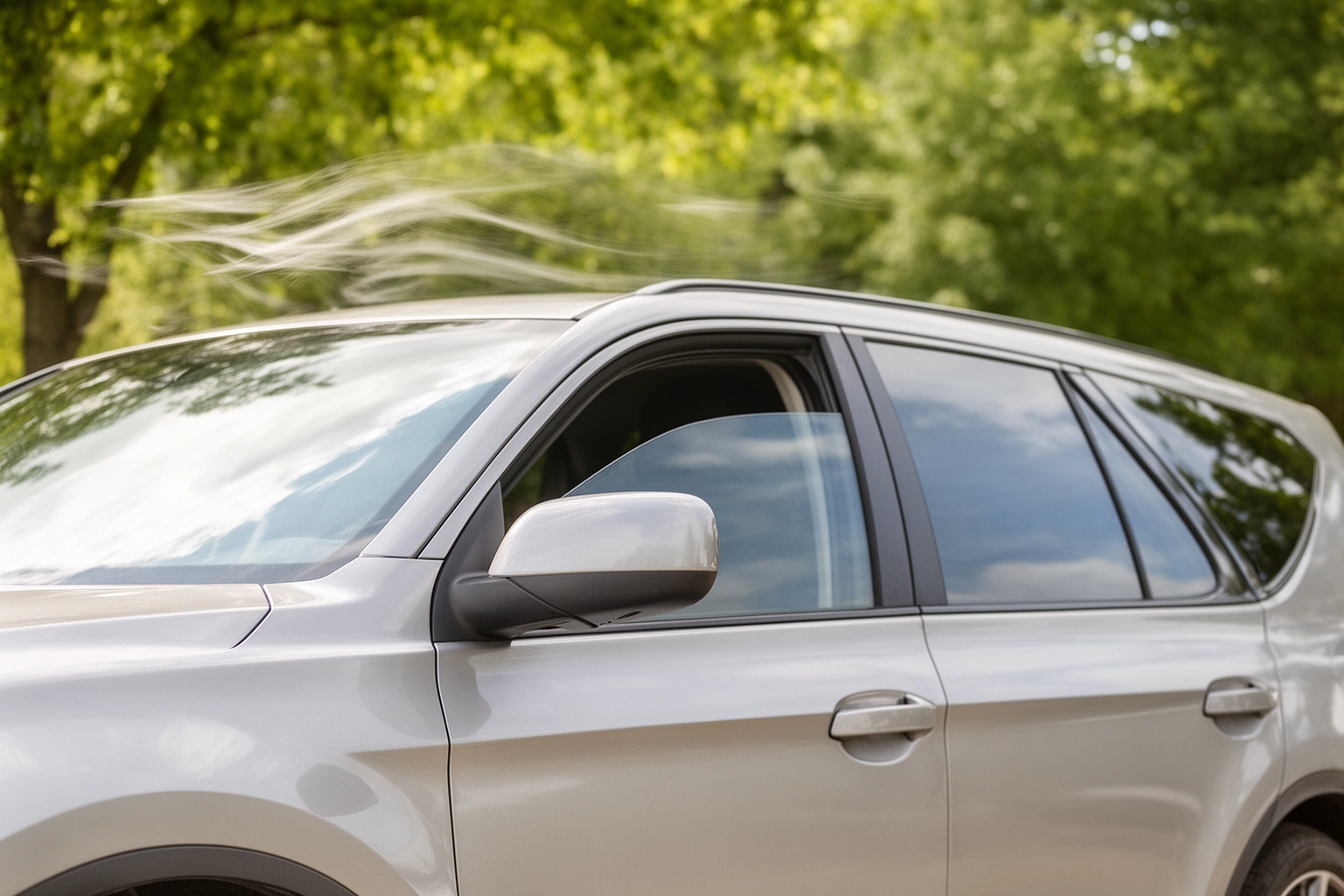 Car windows rolled down letting fresh air circulate through the cabin naturally